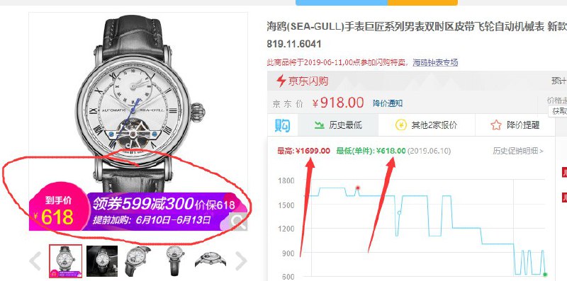 海鸥 男士飞轮自动机械表价格下方领取满599元减300元优惠券，实付618