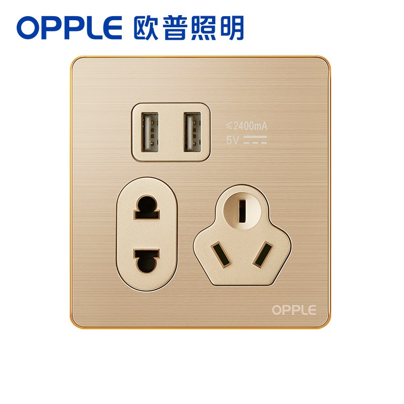 欧普照明（OPPLE）电源暗装空调86型带开关插座面板USB五孔插座K08金色