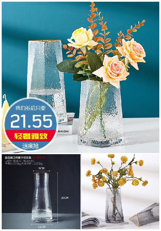 北欧轻奢金边锤纹花瓶摆件原价26.55元【券后21.55元起】包邮