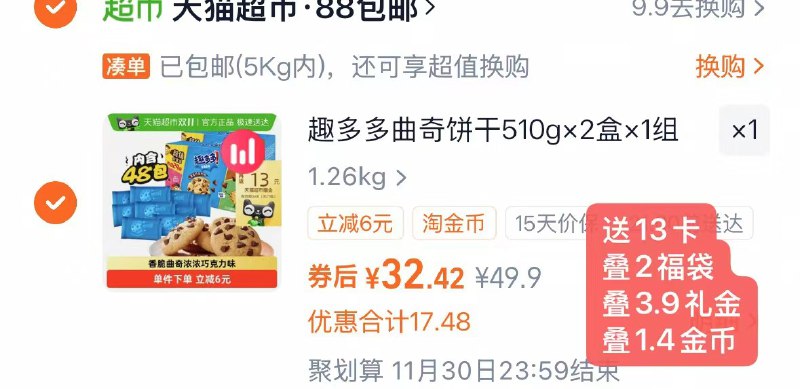 1快去‼9块多/斤的趣多多-趣多多曲奇饼干1020g💰19.4叠福袋+金币+礼金+送13卡才对