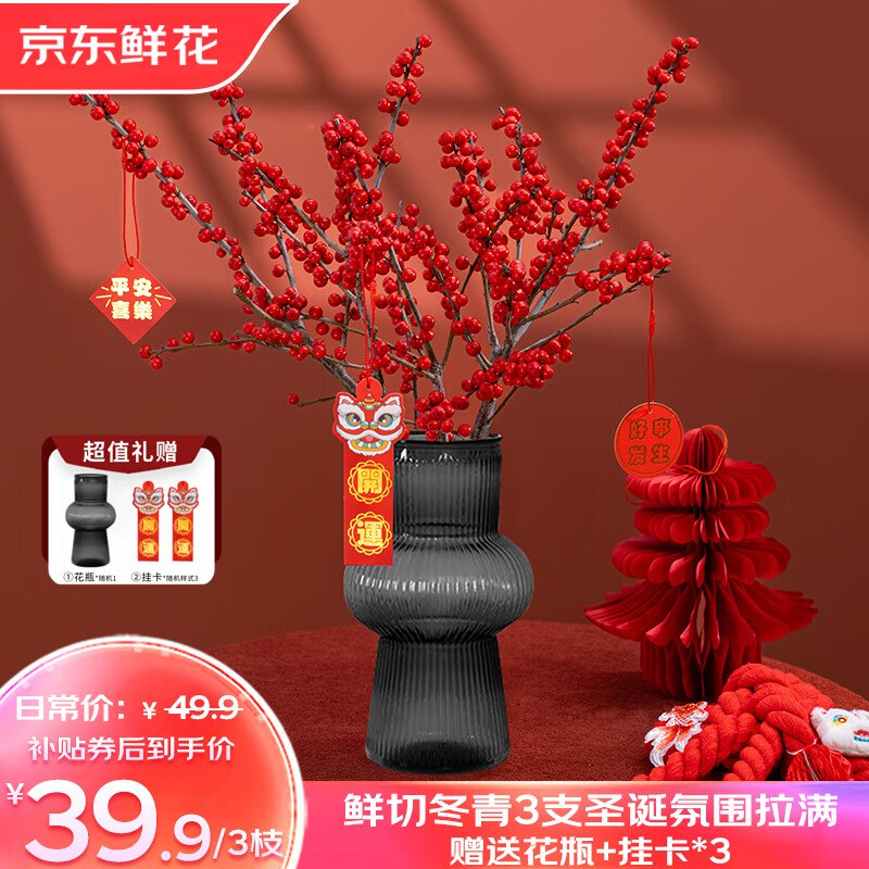 自营鲜花 进口鲜切冬青3支红果