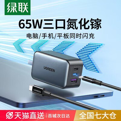 0点开始   69💵【绿联数码旗舰店】双口氮化镓充电头*65W)3TQbdydkt96)/ CZ11//GaN黑科技，提升充电速度，减少充电器体积，发热量更小