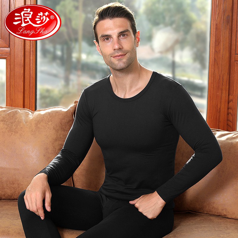 浪莎秋衣秋裤男套装3A级抑菌薄款聚热磨毛男士保暖内衣基础款圆领打底衫  【黑色圆领】上衣+裤子 175/XL