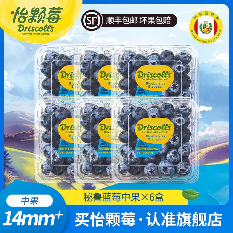 怡颗莓 秘鲁蓝莓中果125g*6盒单果14mm+