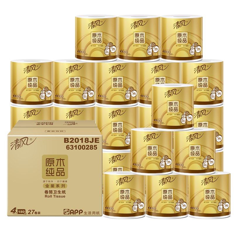 限地区！【京东plus】清风 原木金装 卷纸 4层 180克 27卷  3件 108.29元包邮（合36.1元/件）