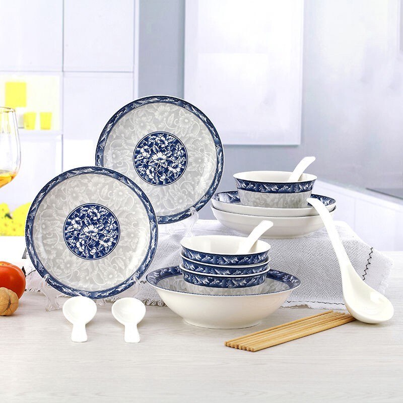 18件套青花瓷日式家用餐具套装4碗4盘4勺4筷1汤碗1汤勺