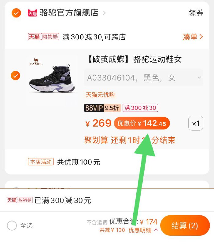 3.凑单加购物车1件 (a3eOcU9uP8l)/4.两个东西一起提交并付款然后再单独退款凑单商品骆驼老爹鞋到手142元