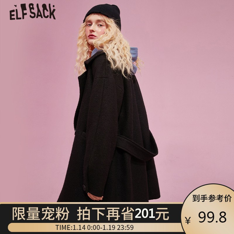 99.8元 妖精的口袋旗舰店赫本风黑色中长款羊毛呢大衣(LbRqcGOg3mu)/