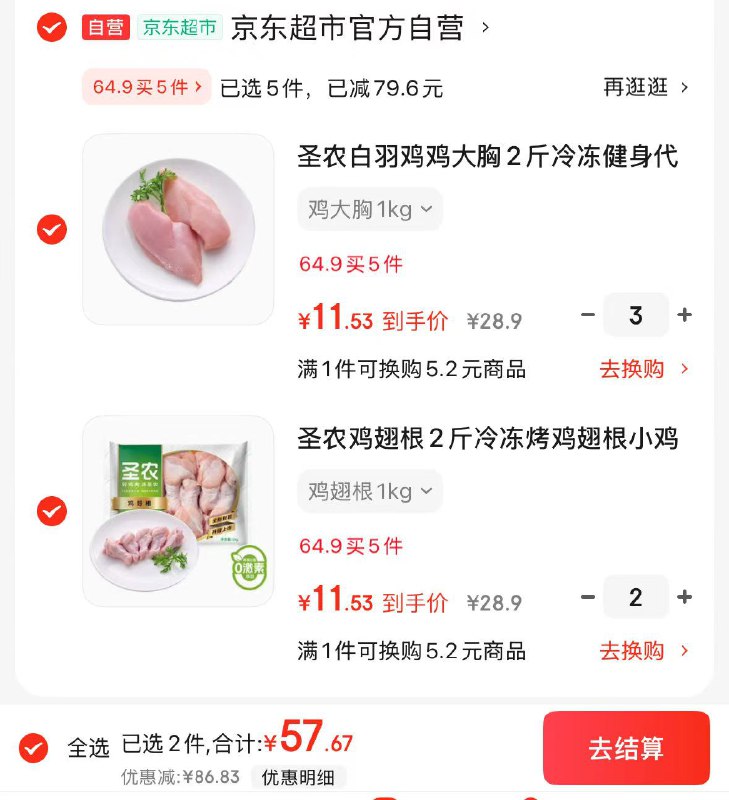 【自营】圣农 鸡翅根/鸡大胸  2斤