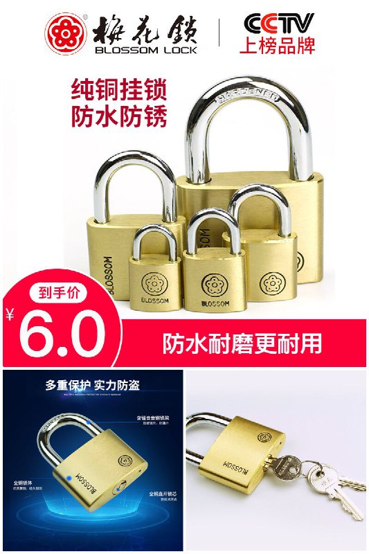 【梅花锁】防水防锈防盗铜挂锁原价【11元】券后【6元】包邮下单：