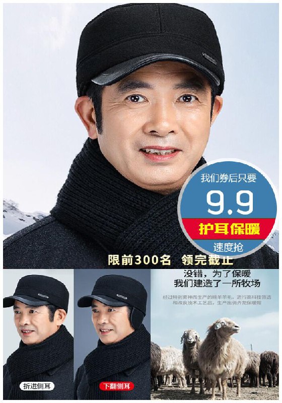 中老年秋冬棉毛呢保暖护耳帽原价39.9元【券后9.9元】包邮