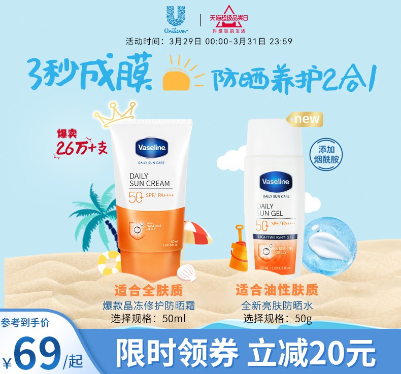 1.领券 加入购物车1件领商品下200-20防晒券【联合利华旗舰店】凡士林晶冻修护防晒霜50ml￥rDIi269uXUo￥/