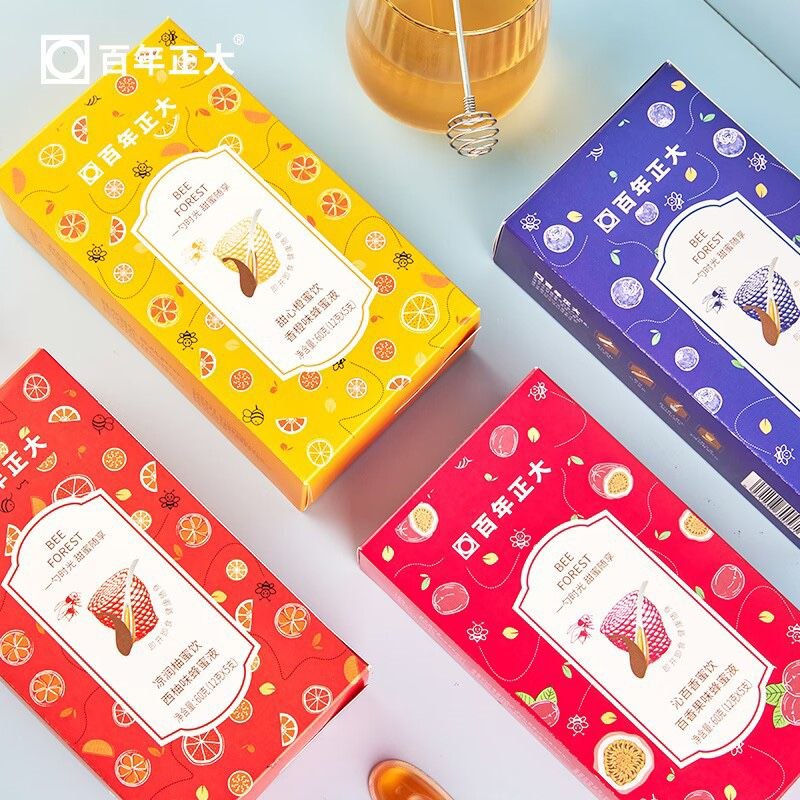 9.9元【百年正大旗舰店】蓝莓+百香果+香橙+西柚各1盒(KjUU2sAZE7m)/水果蜂蜜独立包装4盒共20条！蜂蜜+浓缩果汁！泡水挺好喝的