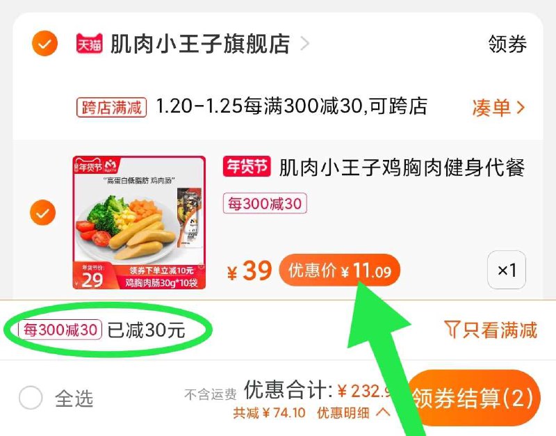 2. 凑单加购物车1件(f854cFaX61T)/ 两个东西一起【先付款】然后单独把凑单【退款】小王子鸡肉肠到手11元！