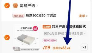 2. 凑单1件 加车一起付款(WpcM2q9o3te)/3.两个商品一起提交付款然后单独把凑单商品 退款网易严选乳胶枕到手65元